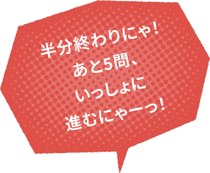 半分終わりにゃ！あと5問、いっしょに進むにゃーっ！